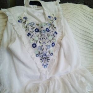 Blue Rain White Blouse with Blue Floral Embroidery